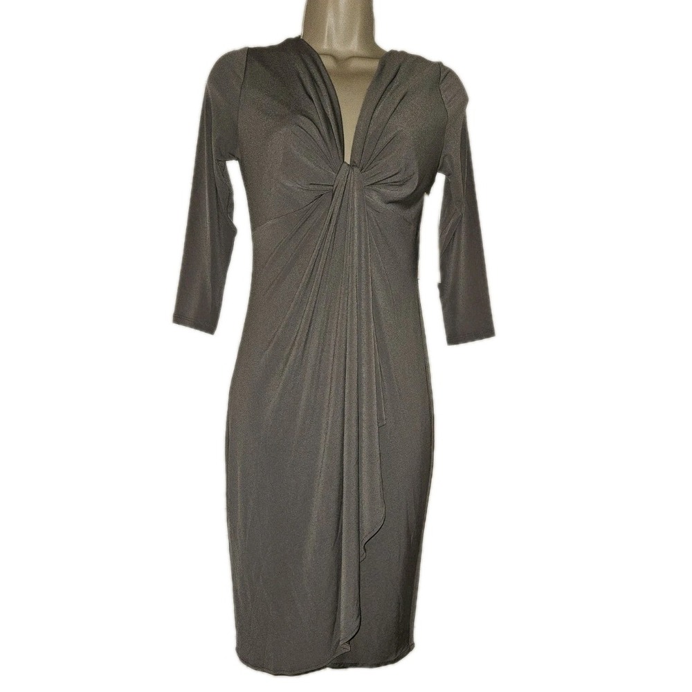 NWT Boston Proper Gray Sheath 3/4 Sleeve Dress Drape Front Size 2 Stretchy